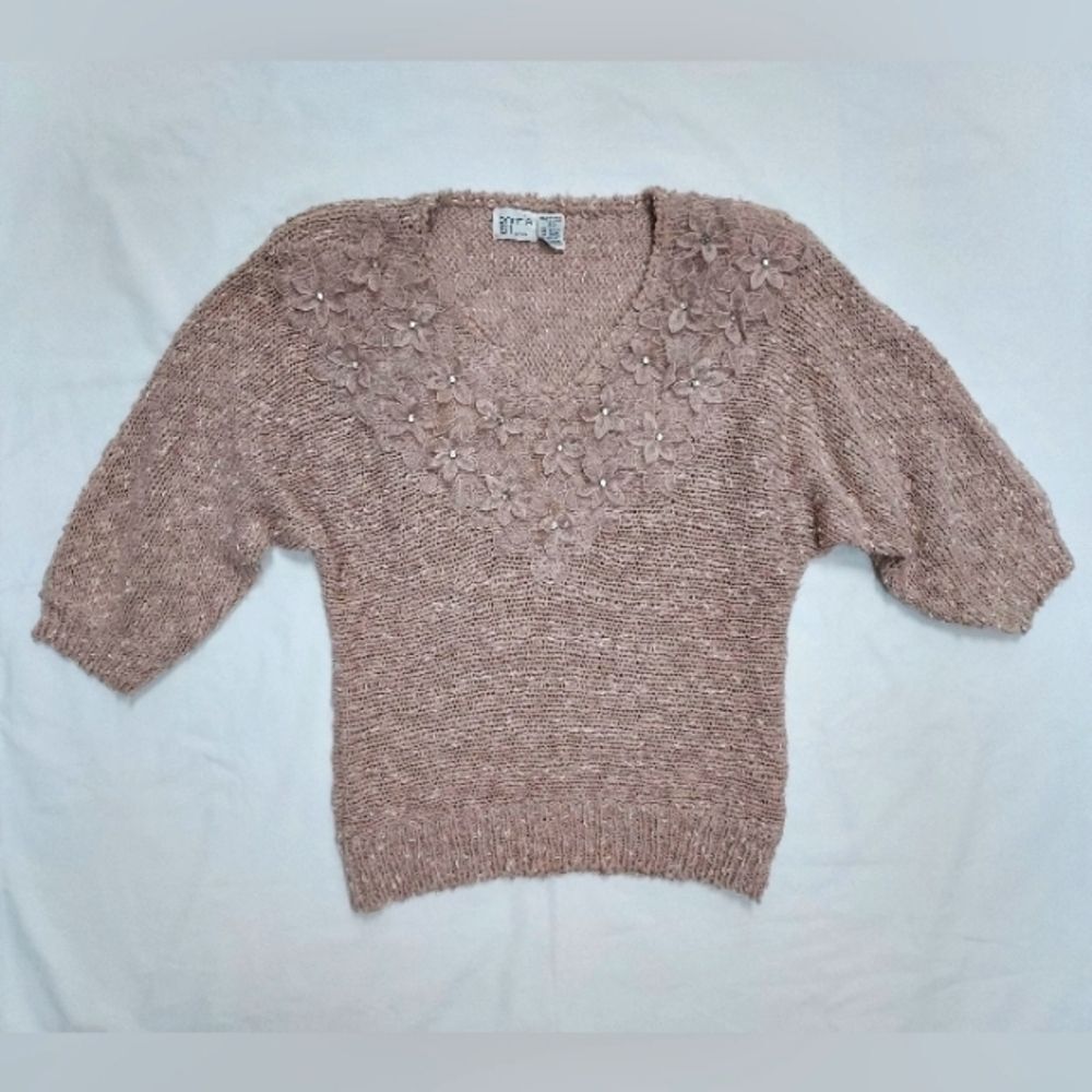 Bonnie and Bill by Holly Beige Pink Crystal Center Floral Embellished Sweater M
